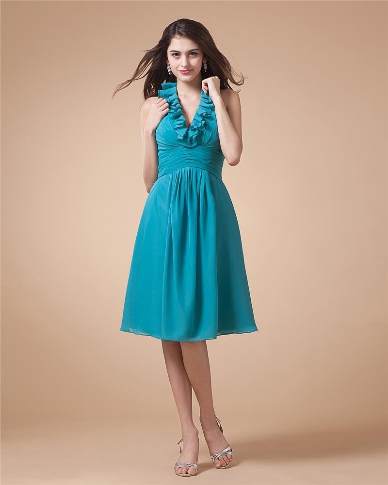 Chiffon V-neck Drape Embellishment Knee High Bridesmaid Dresses