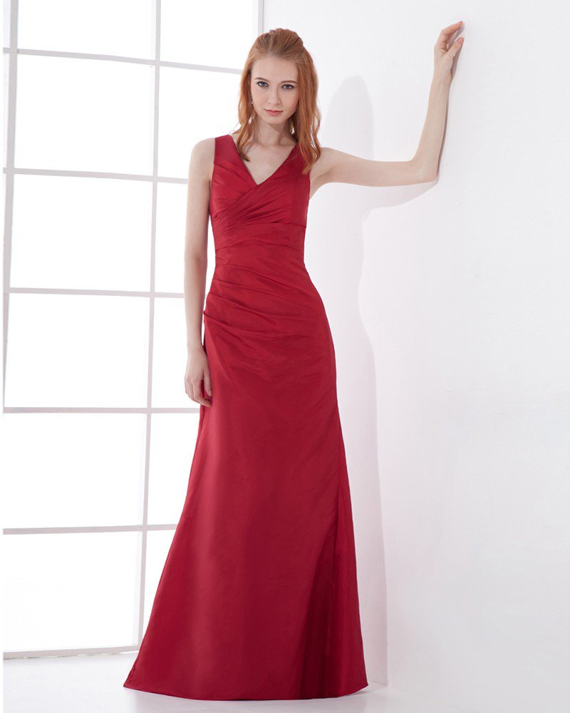 Fashion Taffeta Pleated V Neck Floor Length Bridesmaid Dress