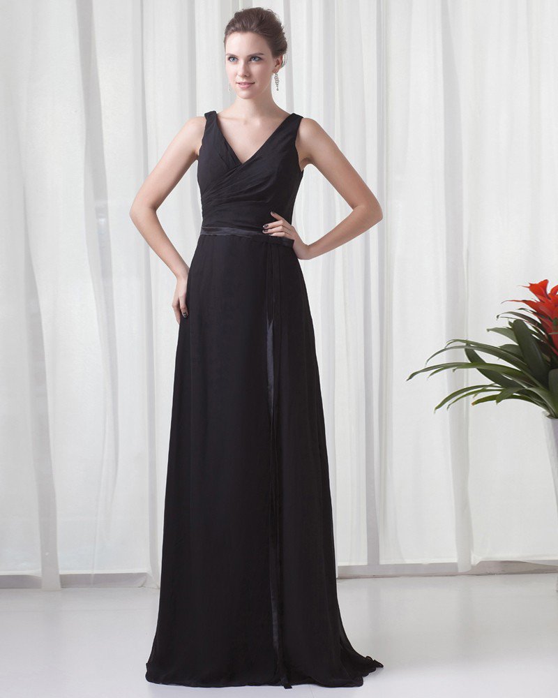 Formal V Neck Floor Length Ribbon Pleated Chiffon Bridesmaid Dress
