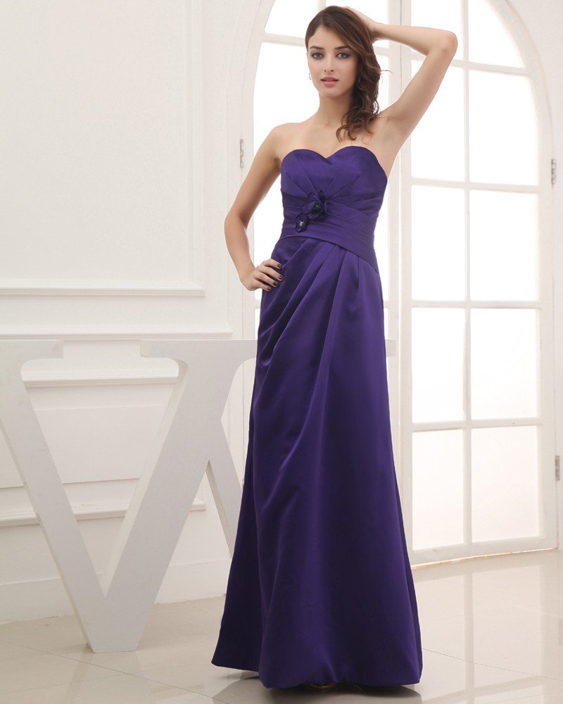 Satin Silk Ruffle Flower Beading Sweetheart Floor Length Bridesmaid Dress
