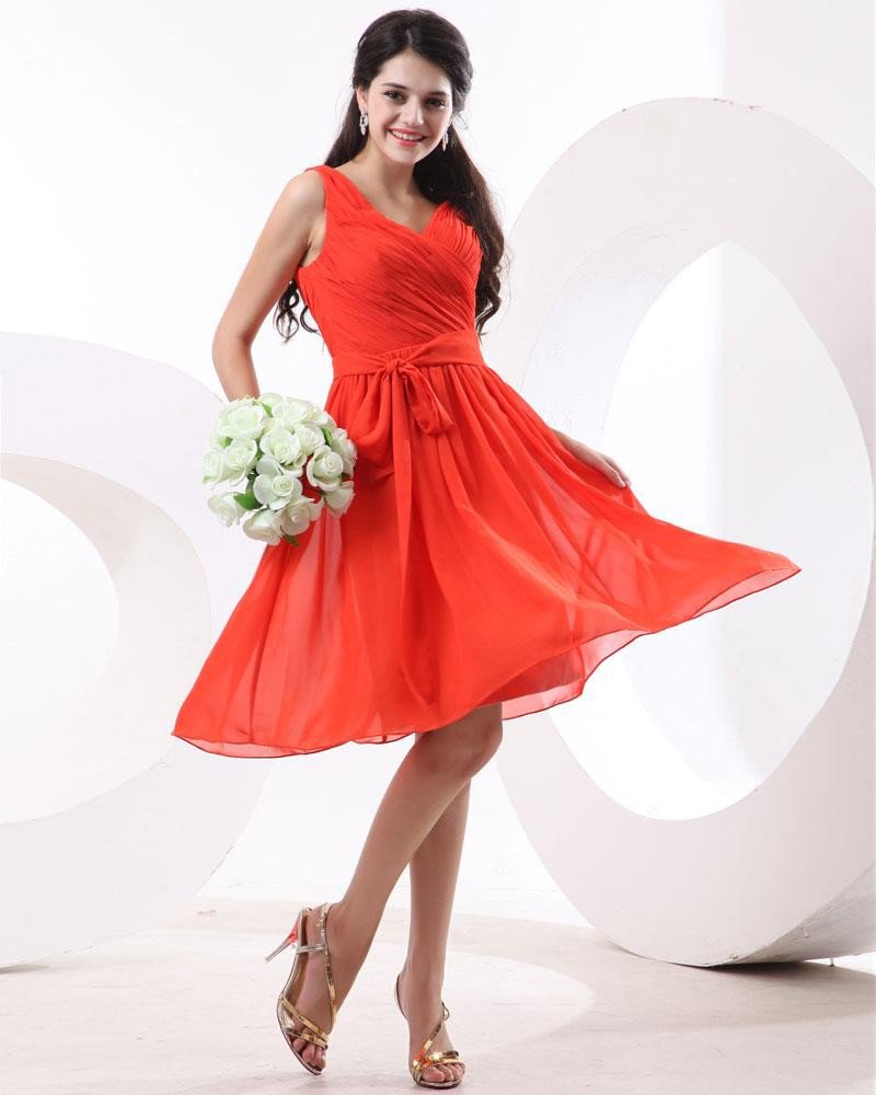 Ruffle Bowtie Sash Knee Length Chiffon Bridesmaids Dresses