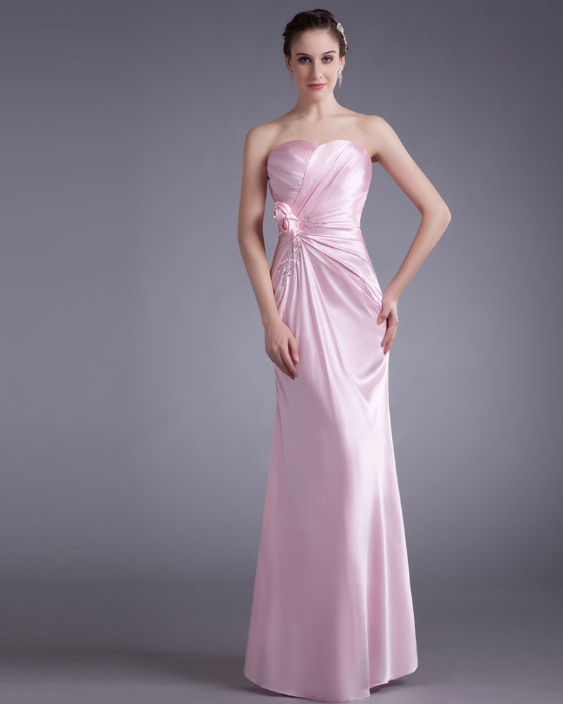 Elastic Silk Like Satin Ruffle Flower Sequins Sweetheart Floor Length Bridesmaid Dress