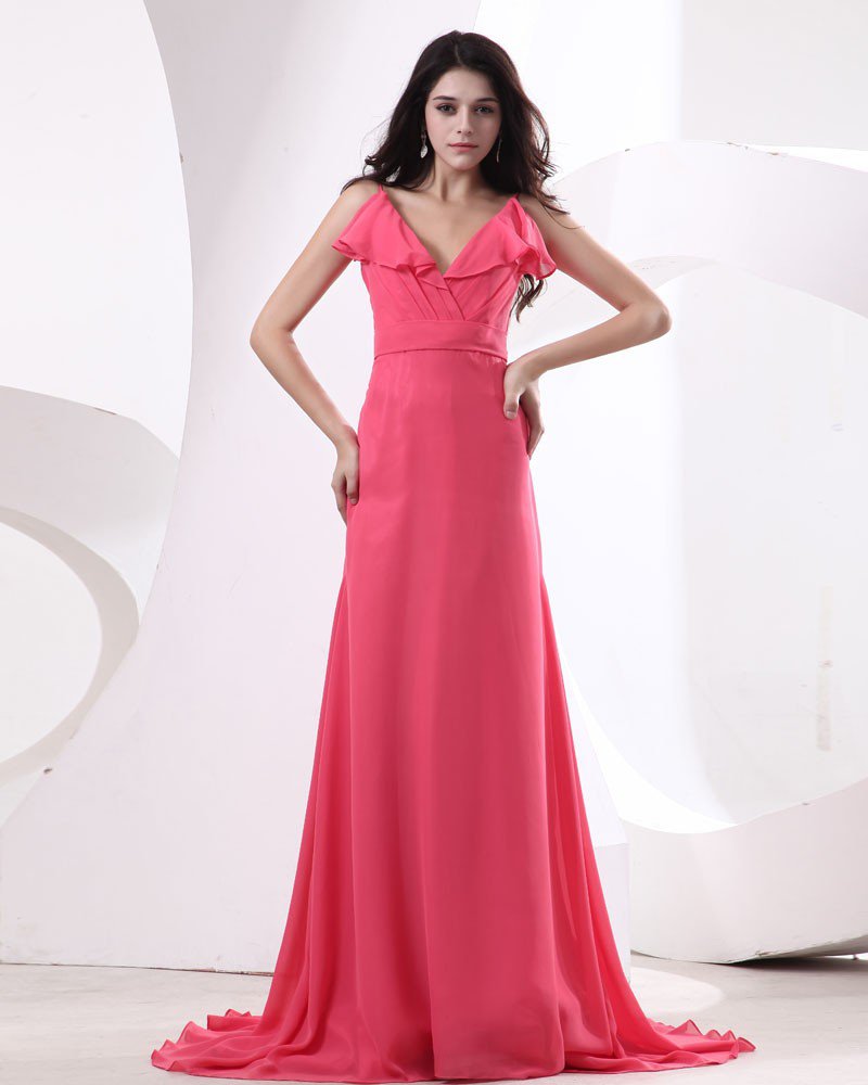 Chiffon Pleat V-Neck Floor Length Bridesmaid Dresses