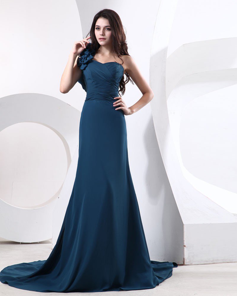 Satin Tulle Manual Flower Pleat One Shoulder Sleeveless Bridesmaid Dresses