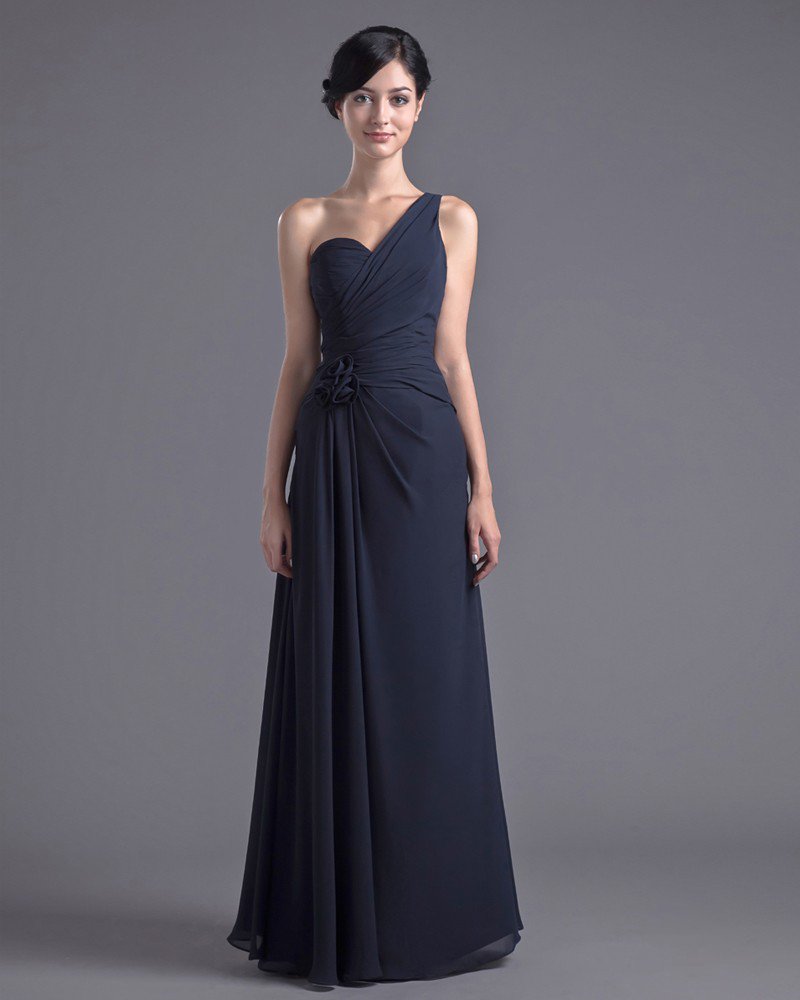Fashion Chiffon Pleated Flower One Shoulder Floor Length Bridesmaid Dress