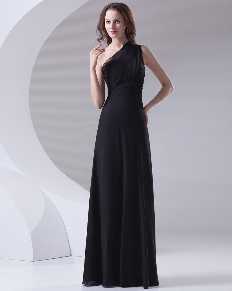 Slim Ruffle Design Sloping Neckline Floor Length Chiffon Bridesmaid Dress