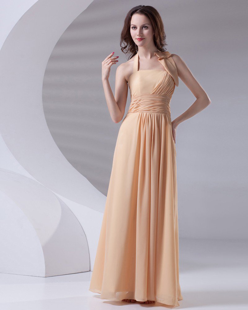 Fashion Ruffle Floor Length Halter Chiffon Bridesmaid Dress