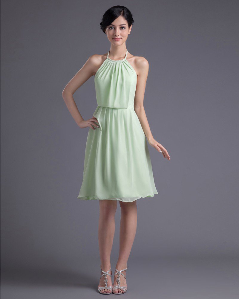 Fashion Chiffon Pleated Halter Knee Length Bridesmaid Dress