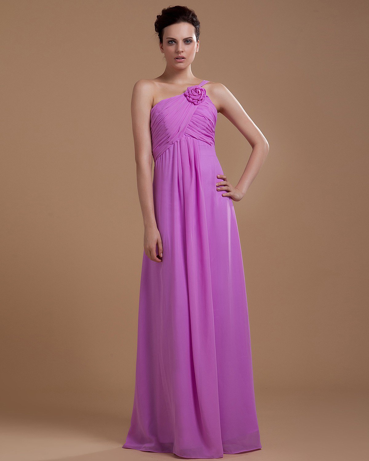 Chiffon Ruffle Flower One Shoulder Floor Length Bridesmaid Dress