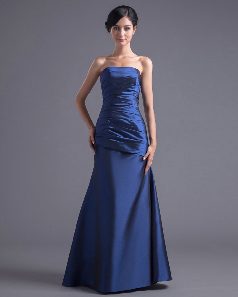 Fashion Pleated Strapless Floor Length Taffeta Bridesmaid Dress