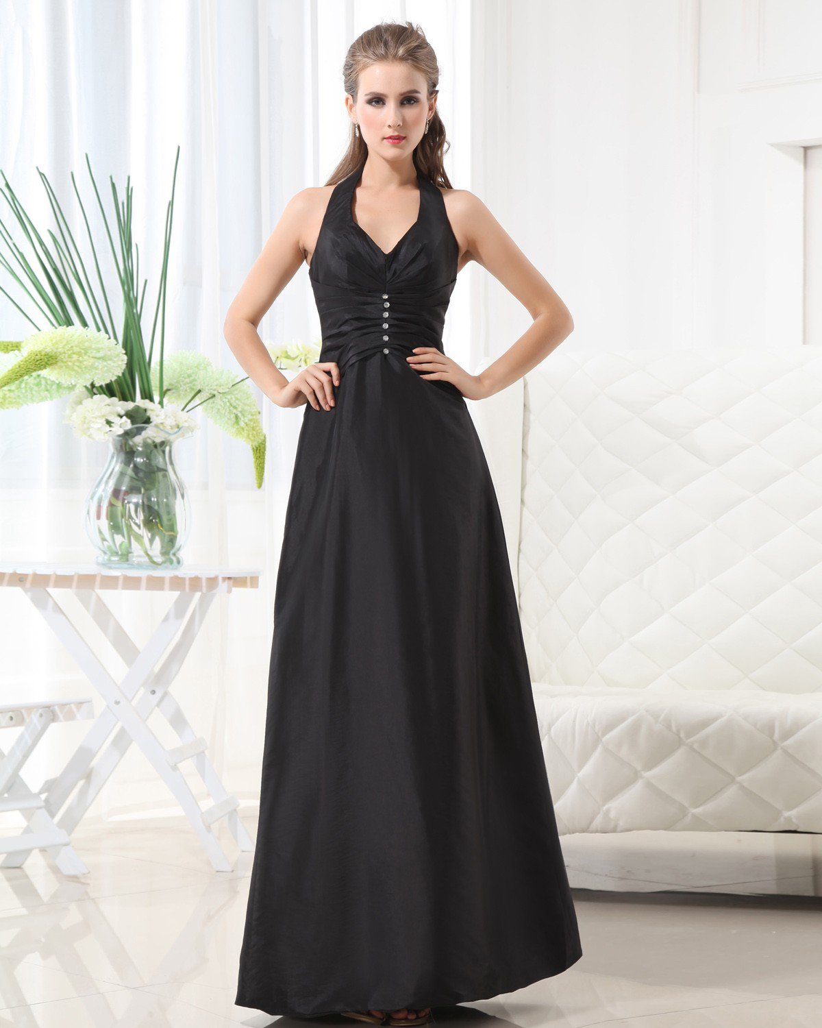 Taffeta Floor Length Halter Pleated Solid Bridesmaid Dress