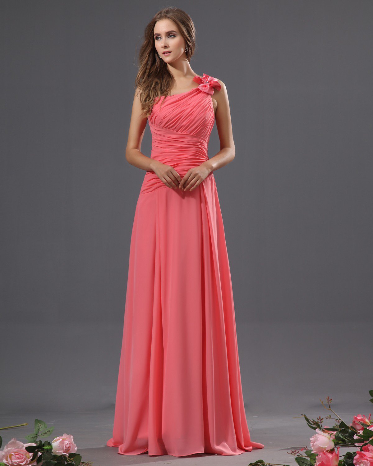 One Shoulder Chiffon Bowtie Floor Length Bridesmaid Dresses