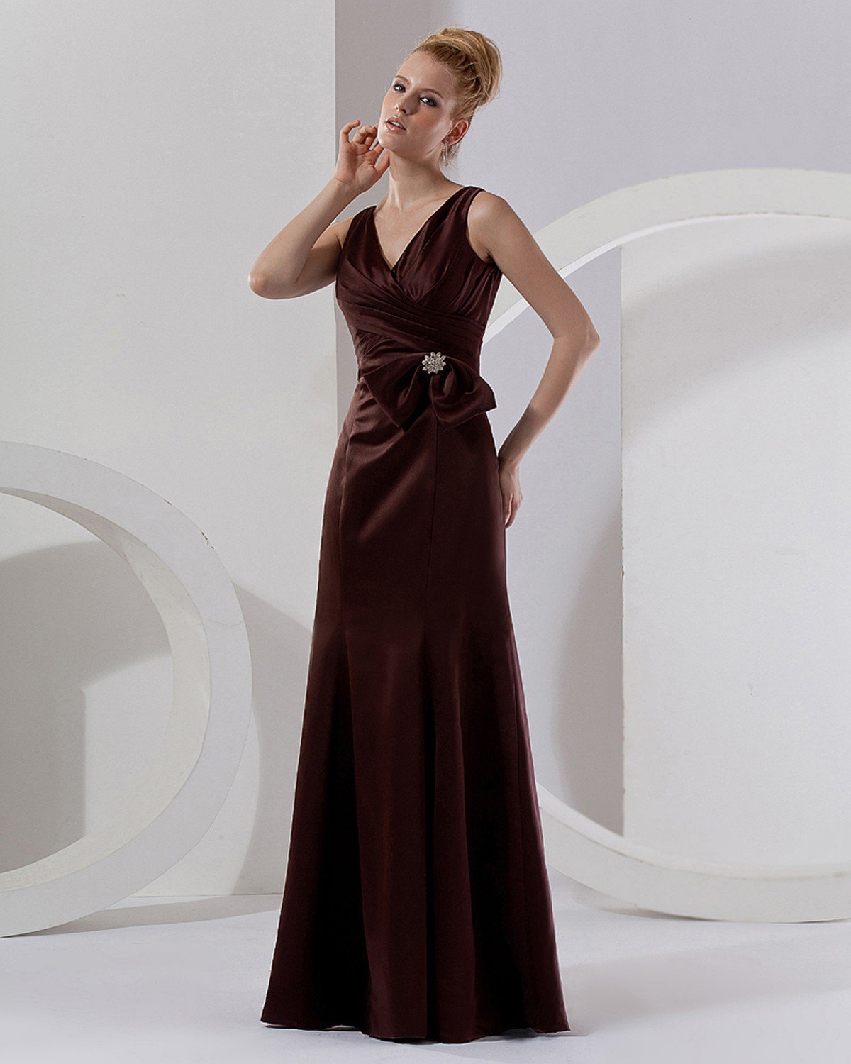 Flowers Satin Ruffles V-Neck Sleeveless Floor Length Bridesmaid Dresses
