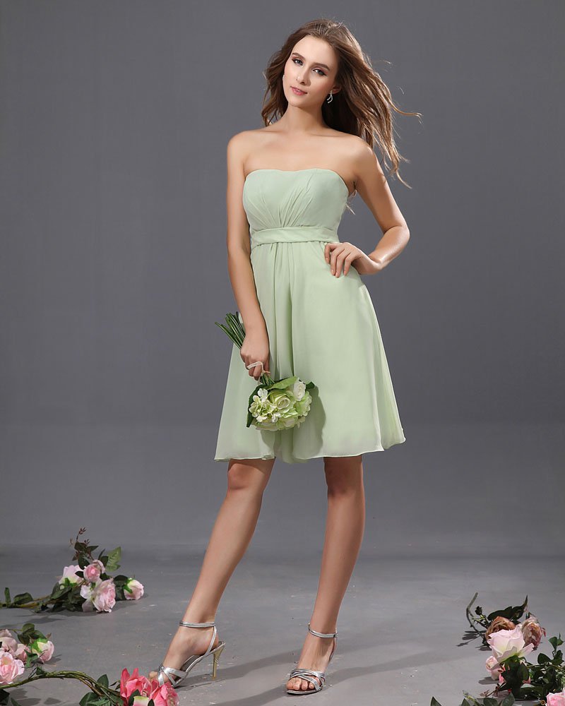 A-Line Strapless Knee Length Chiffon Satin Bridesmaid Dress