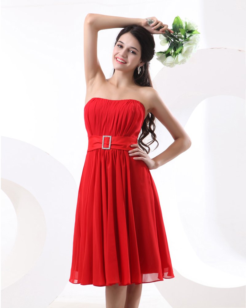 A-line Strapless Knee-Length Satin Chiffon Bridesmaid Dress