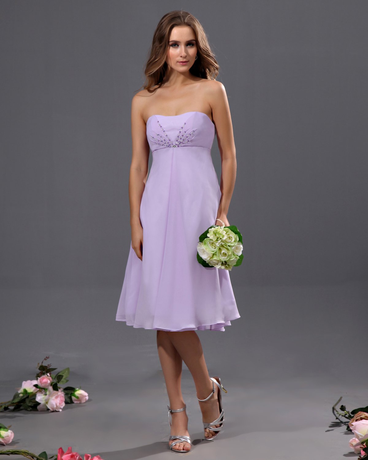 A-Line Strapless Tea Length Chiffon Bridesmaid Dress