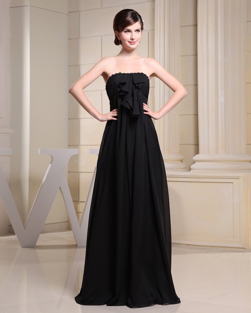 Chiffon Strapless Ruffle Sleeveless Backless Zipper Bow Floor Length Pleated Bridesmaid Dress