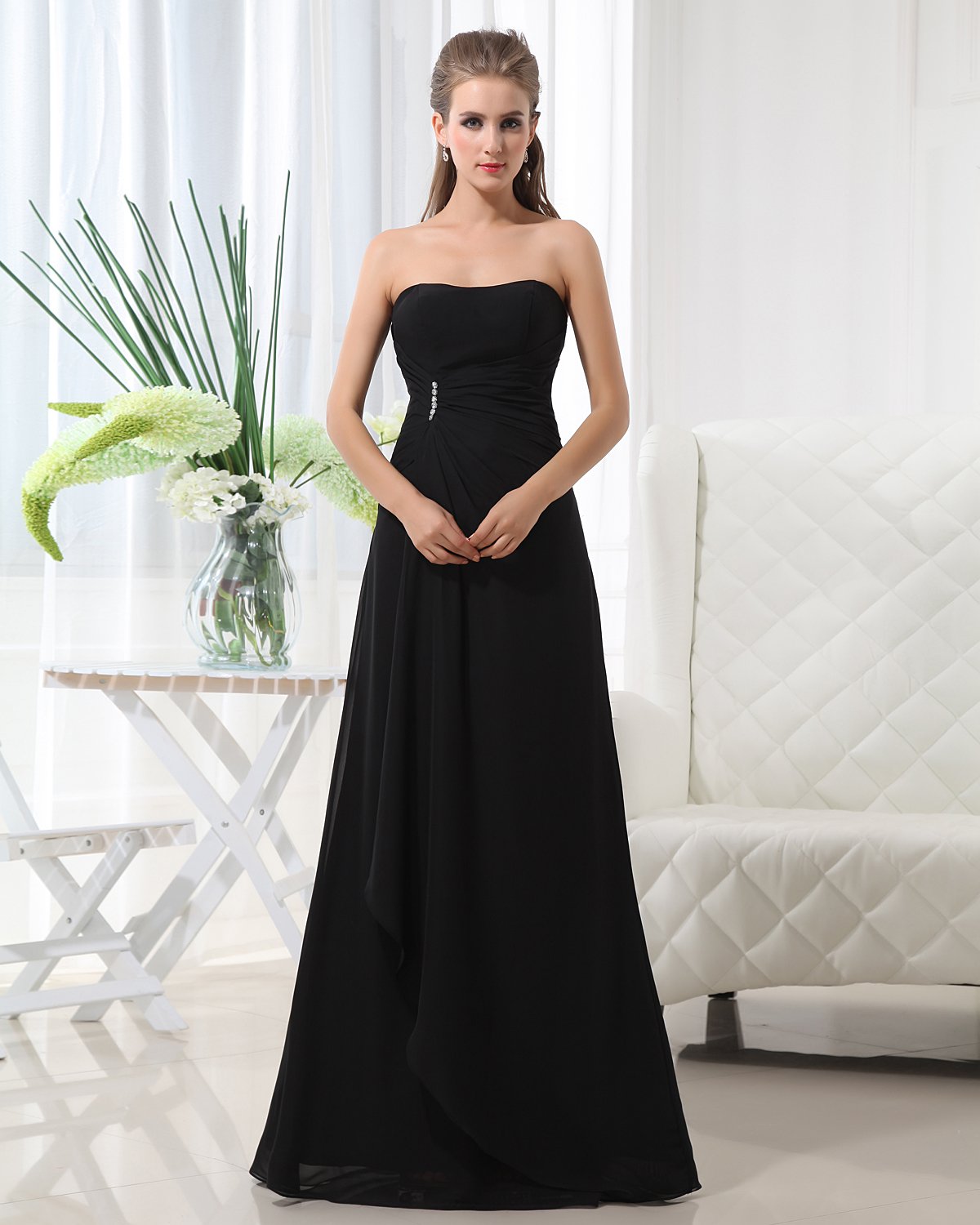 Fashion A-line Strapless Chiffon Floor Length Bridesmaid Dress