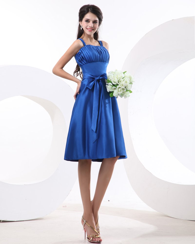 Fashion Spaghetti Straps Satin Pleated Knee Length Bridesmaid Dress