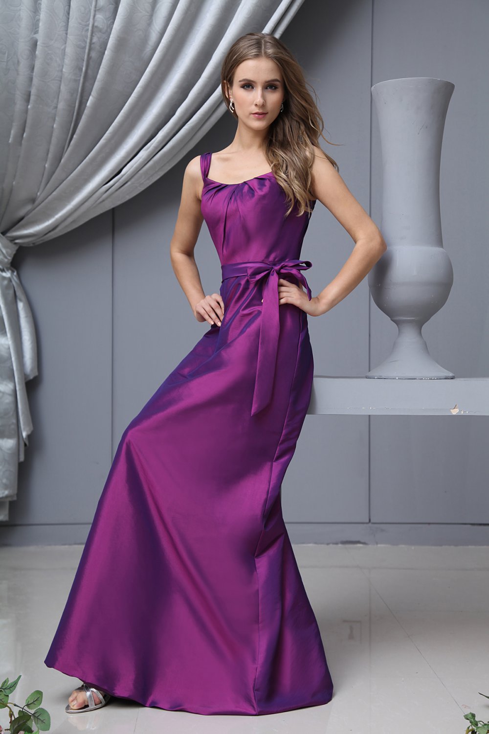 Shoulder Straps Taffeta Floor Length Bridesmaid Dress Gown