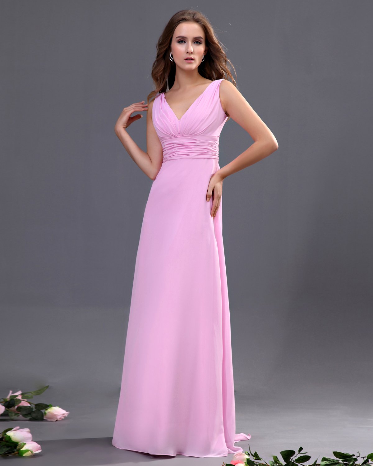 V-neck Sash Floor Length Bridesmaid Dress Gown