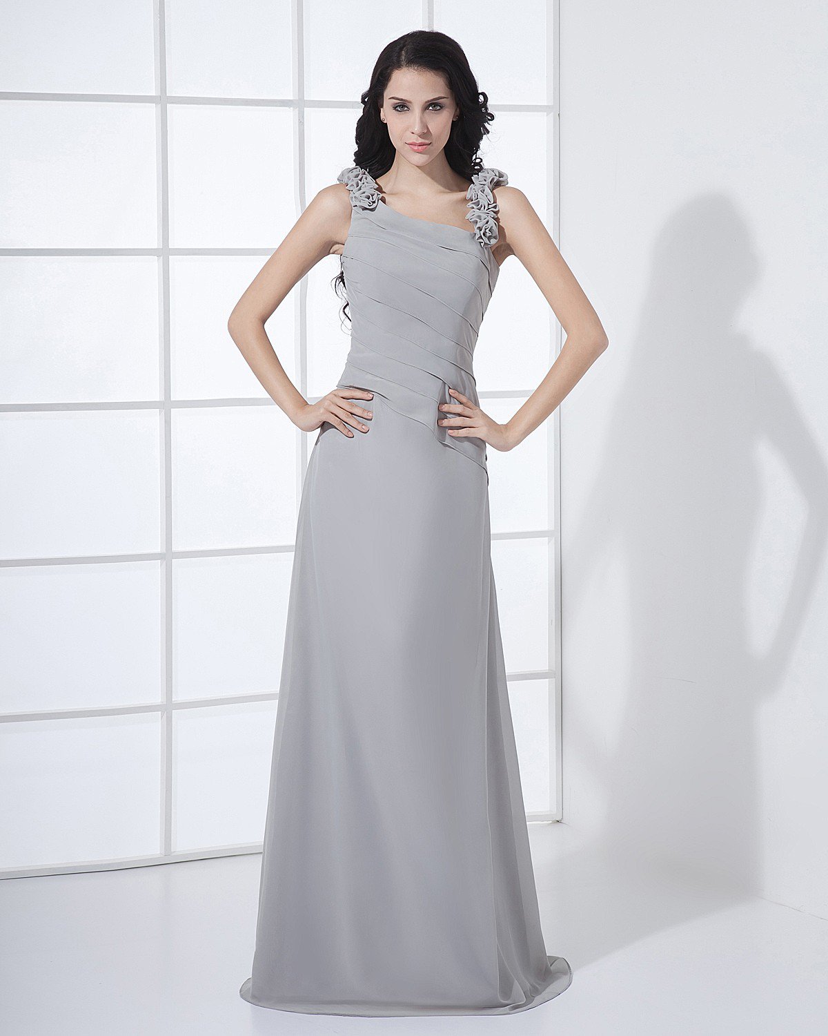Floor Length Sabrina Neckline Flowers Pleated Chiffon Woman Bridesmaid Dress