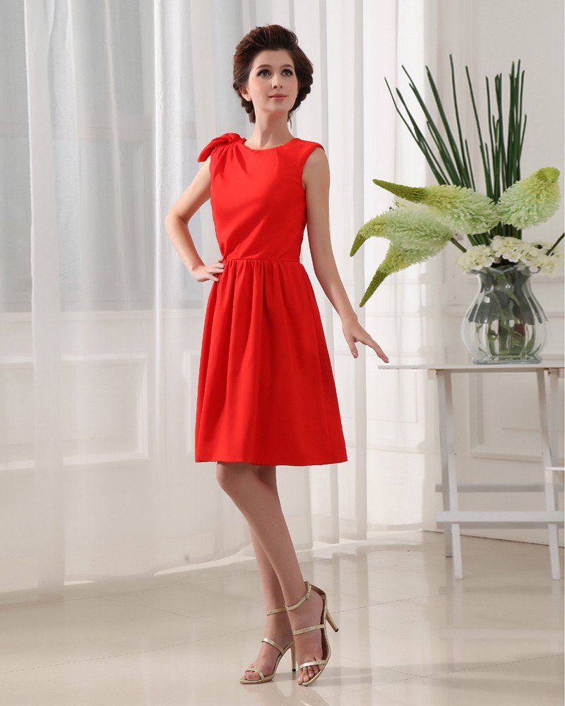 Designer Round Neck Petal Sleeve Knee Length Silk Woman Bridesmaid Dress