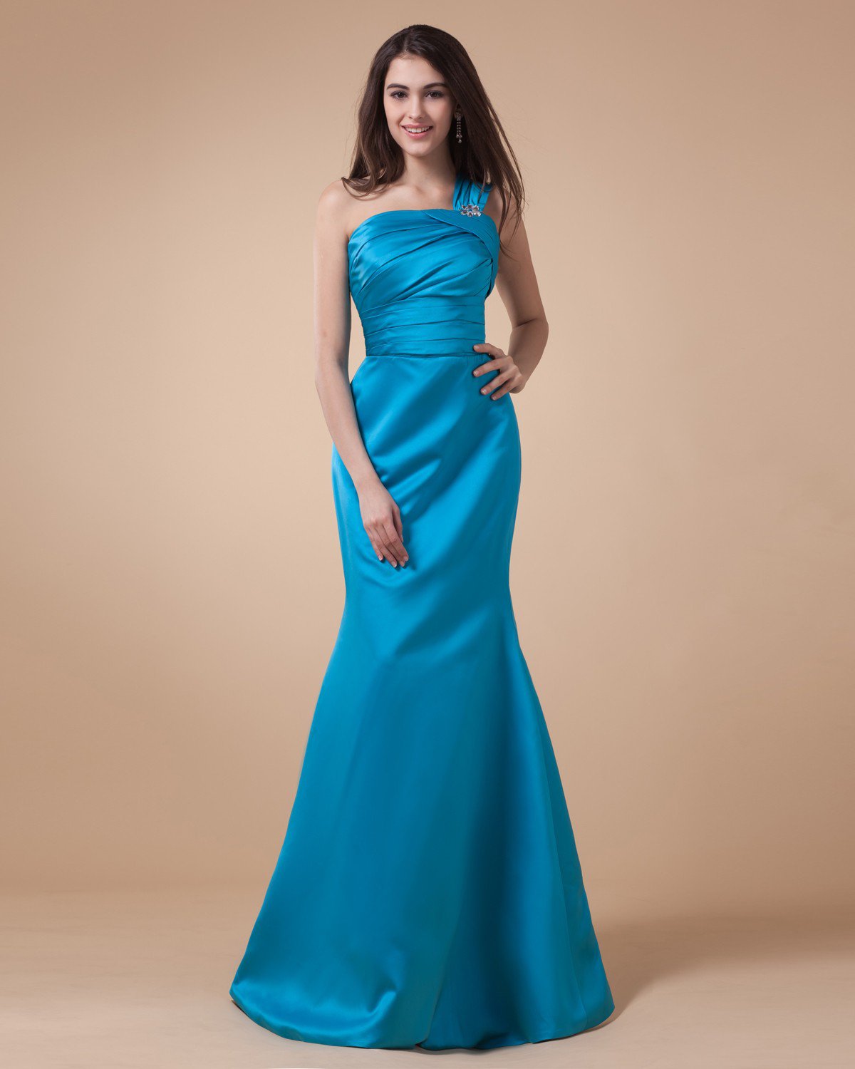 One Shoulder Ruffle Sleeveless Zipper Floor Length Charmeuse Bridesmaid Dresses