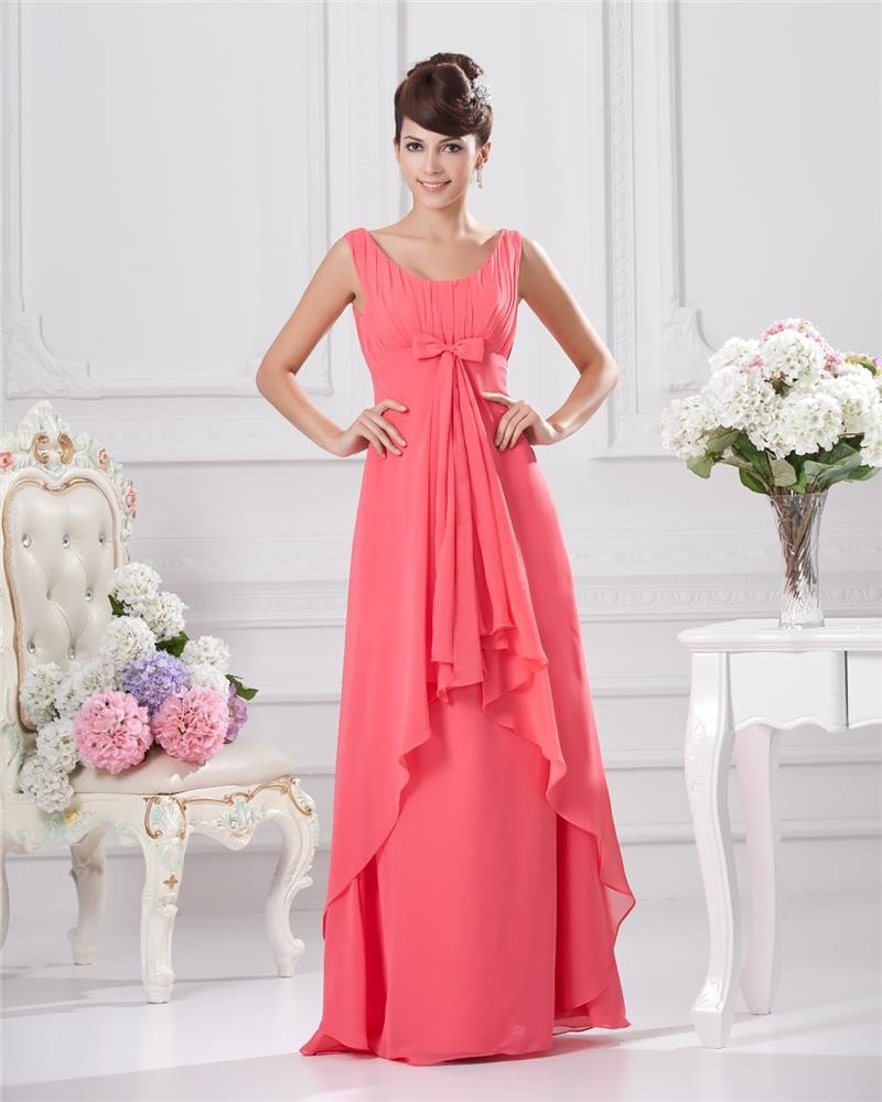Floor Length Round Collar Ruffles Pleated Chiffon Bridesmaid Dress