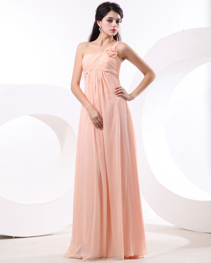 A-line One Shoulder Floor-Length Satin Chiffon Bridesmaid Dress