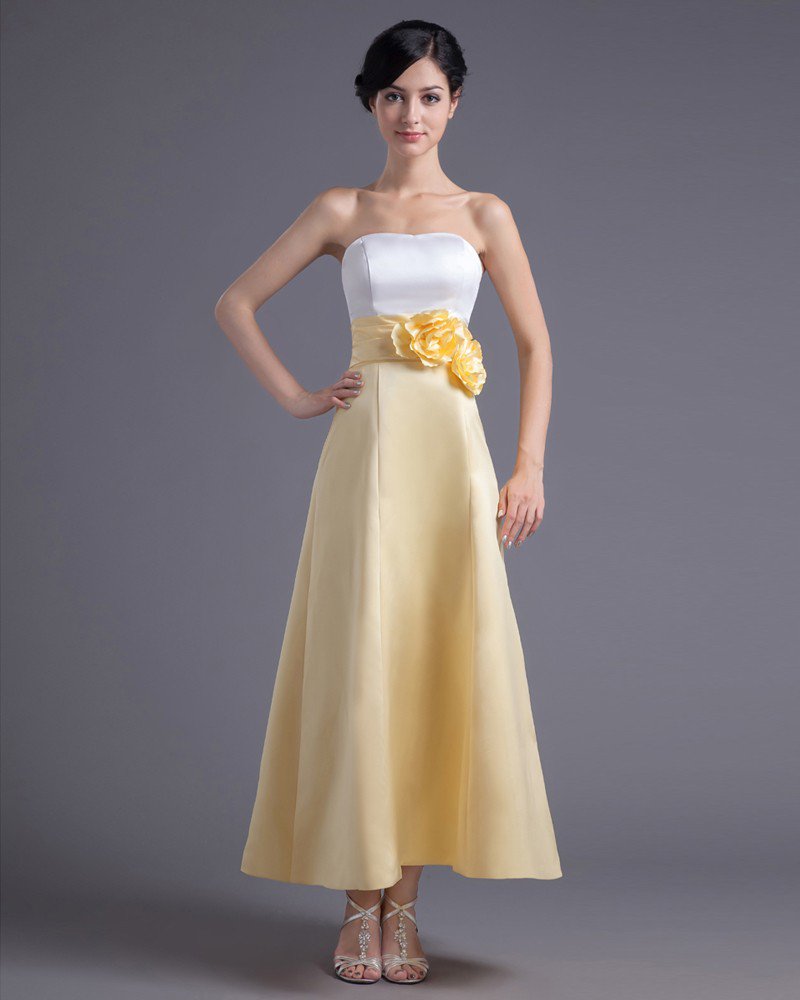 Fashion Flower Strapless Ankle Length Satin Bridesmaid Dress