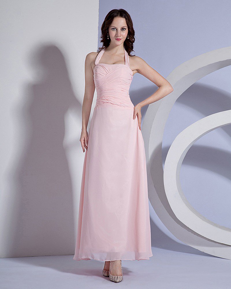 Solid Pleated Chiffon Halter Floor Length Bridesmaid Dresses