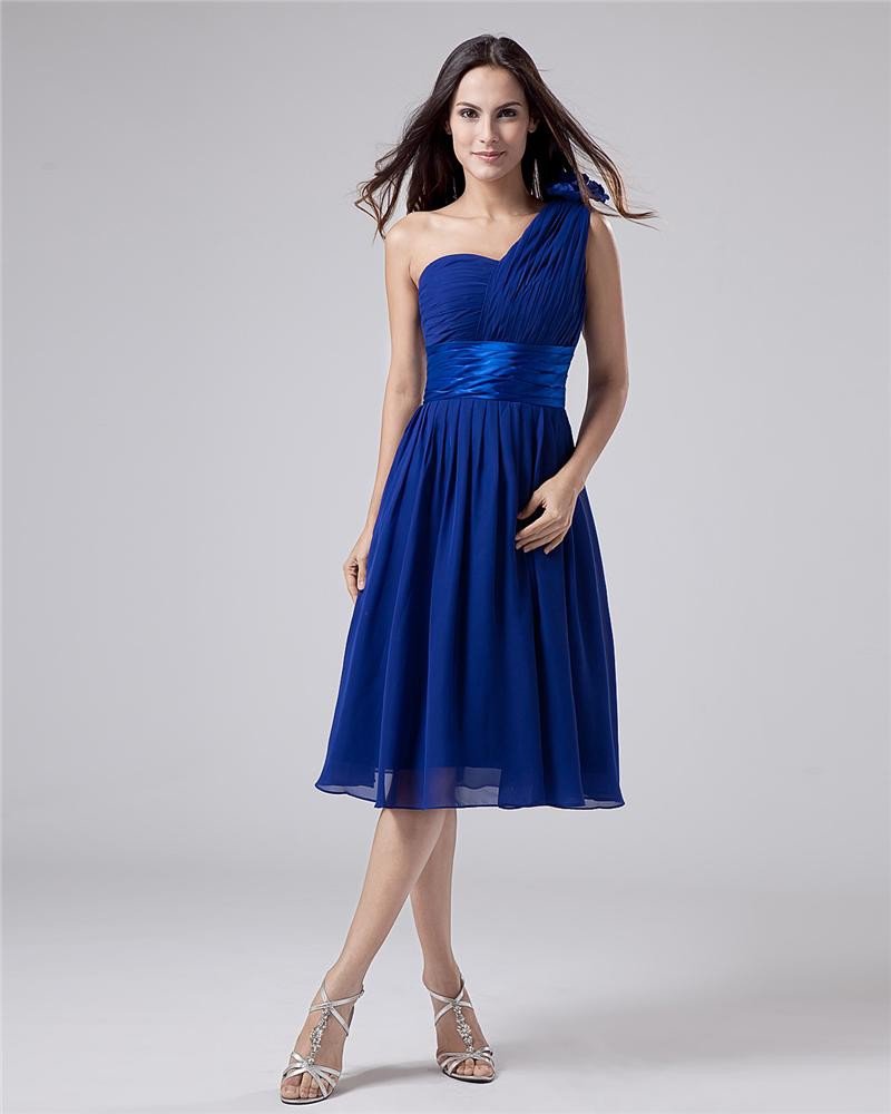 Chiffon One Shoulder Sash Knee Length Bridesmaid Dresses