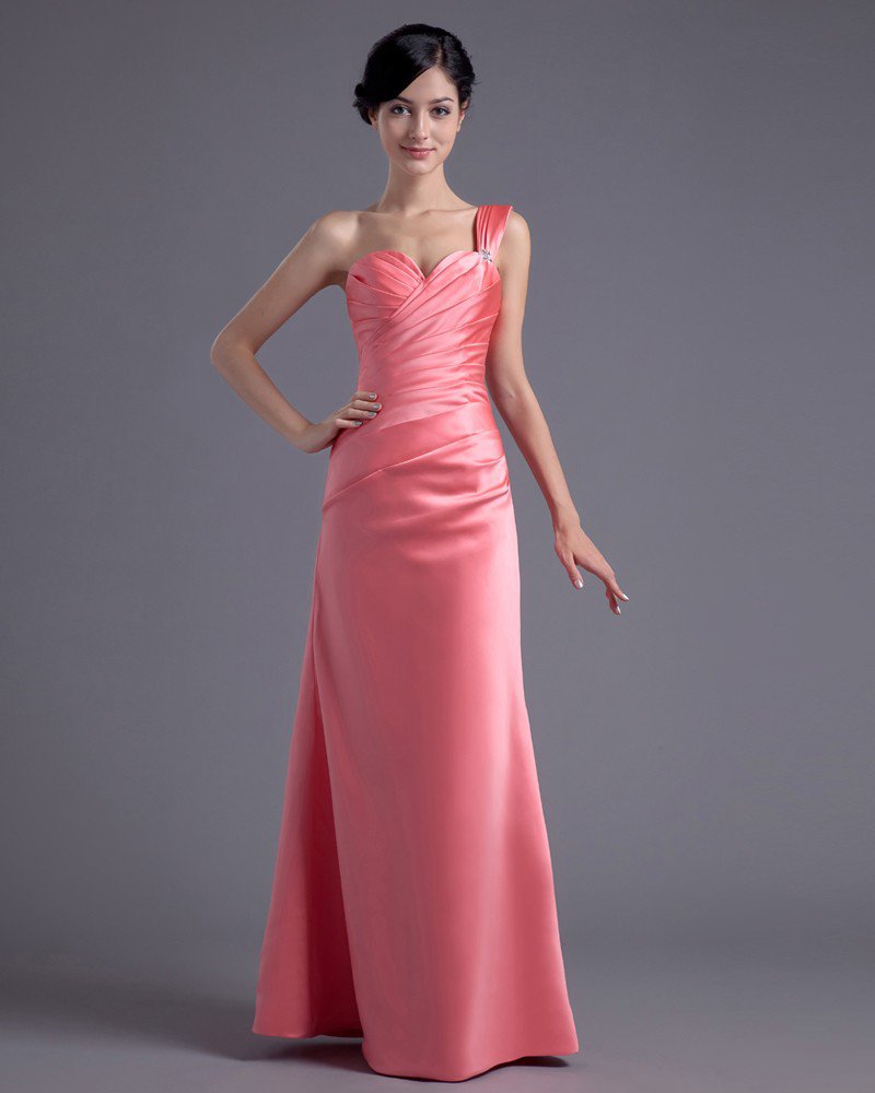 Fashion Satin Pleated One Shoulder Floor Length Bridesmaid Dress