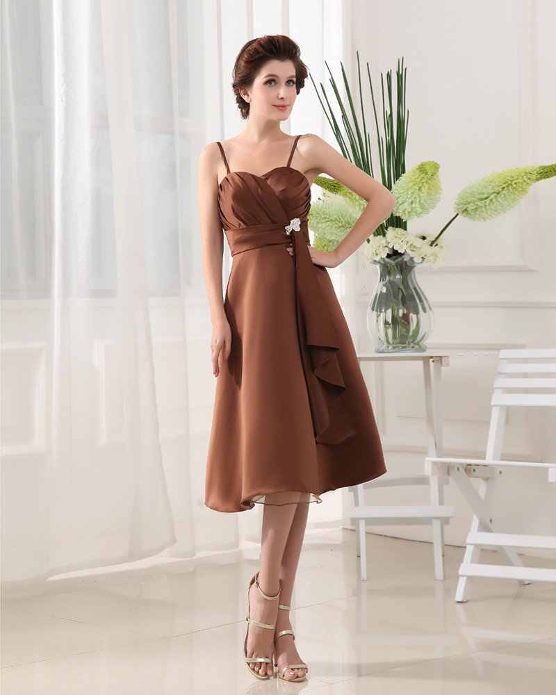 Spaghetti Straps Neckline Sleeveless Knee Length Pleated Satin Beading Flower A-Line Bridesmaid Dres
