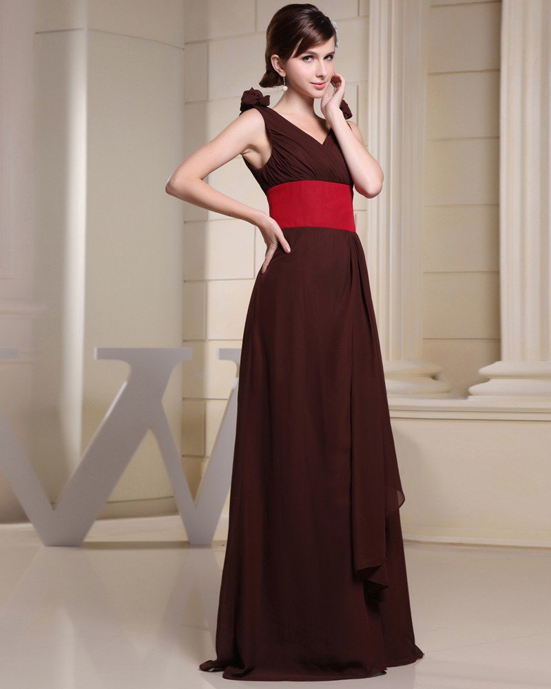 Chiffon Charmeuse Silk Pleated V Neck Sleeveless Floor Length Bridesmaid Dress