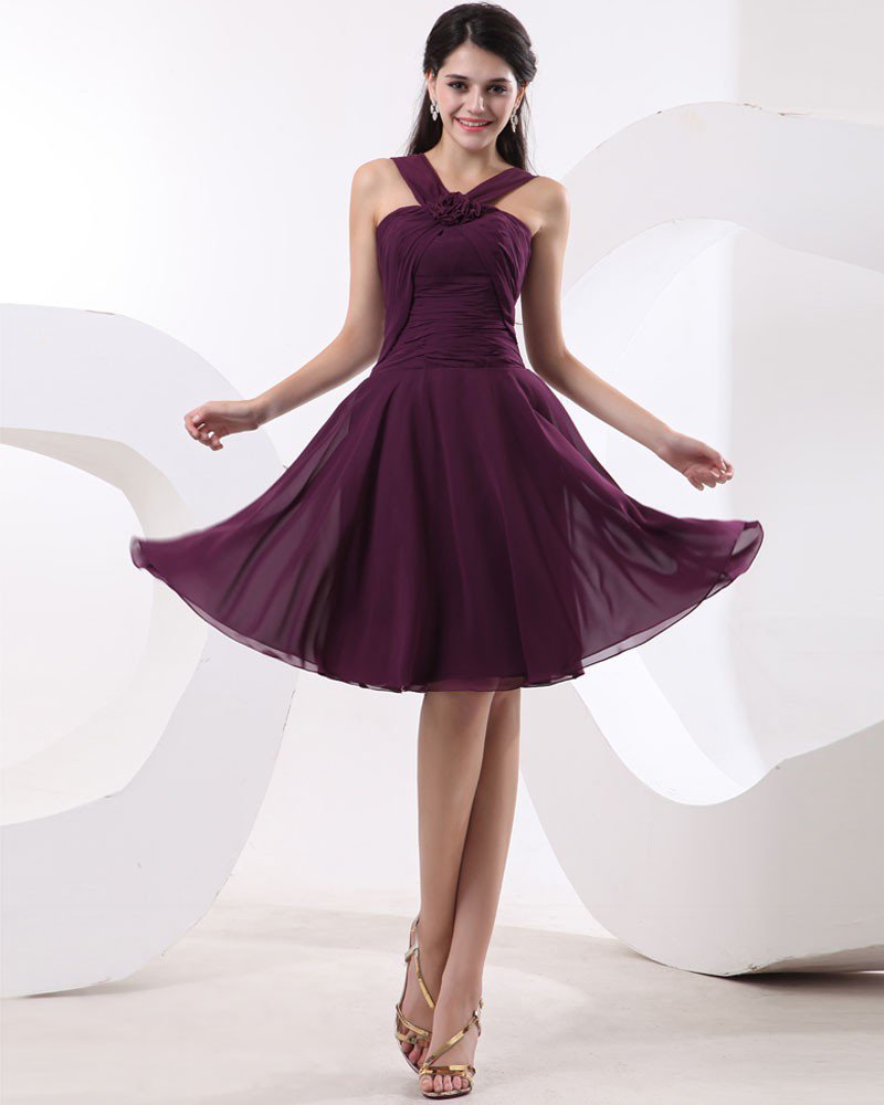 Handmade Flower Jewel Chiffon Ruffle Knee Length Bridesmaid Dresses