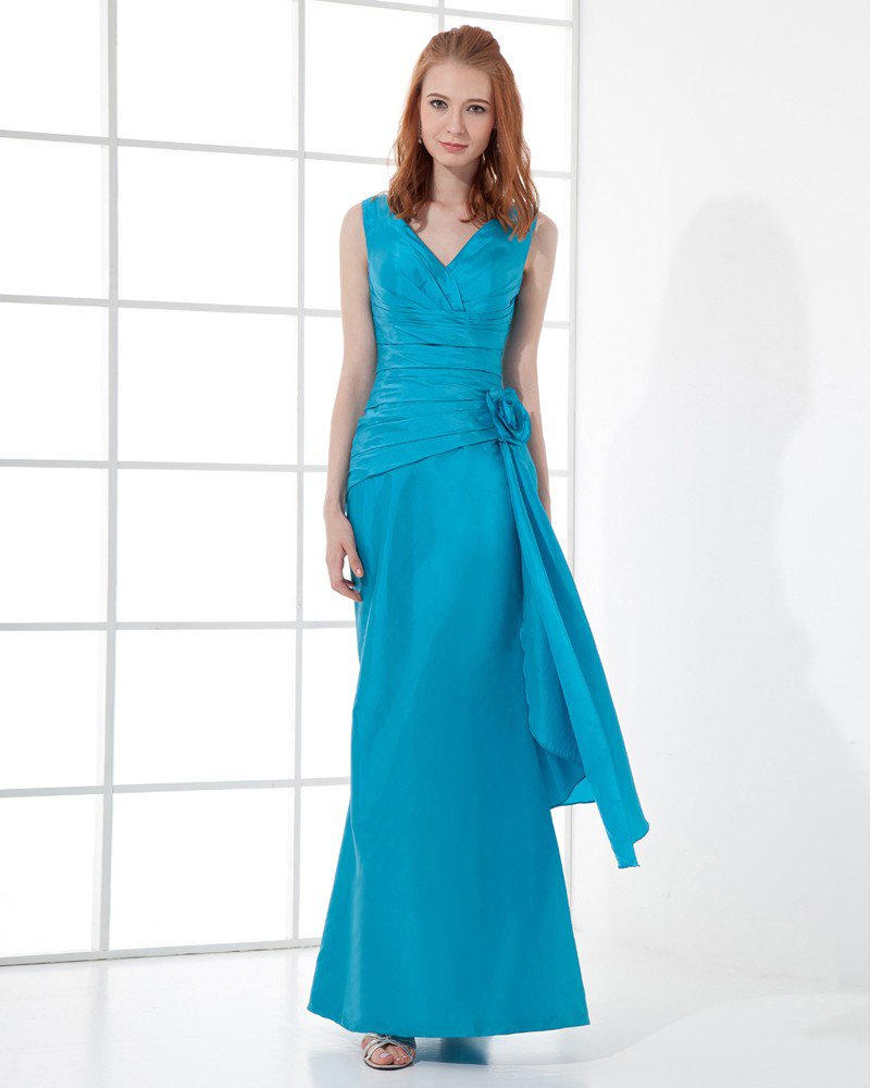 Fashion Taffeta Pleated Flower V Neck Floor Length Bridesmaid Dress