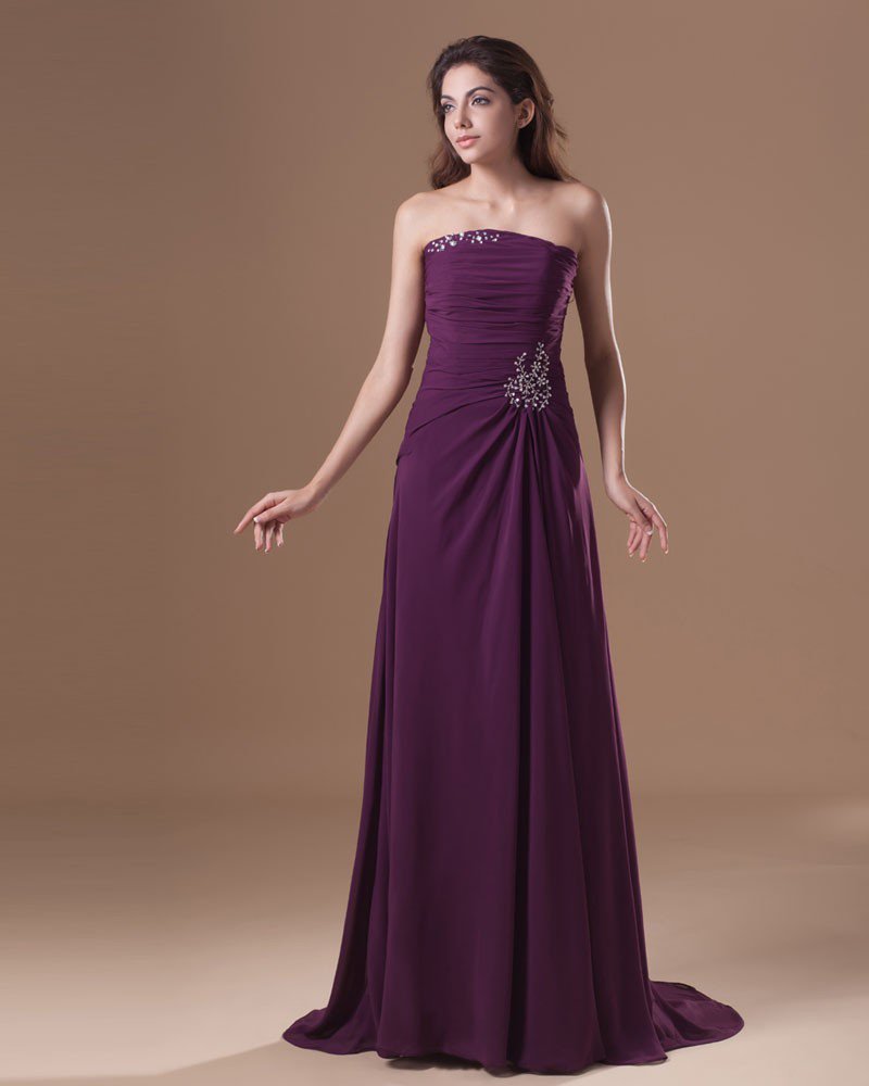 Chiffon Ruffle Beading Strapless Floor Length Bridesmaid Dress