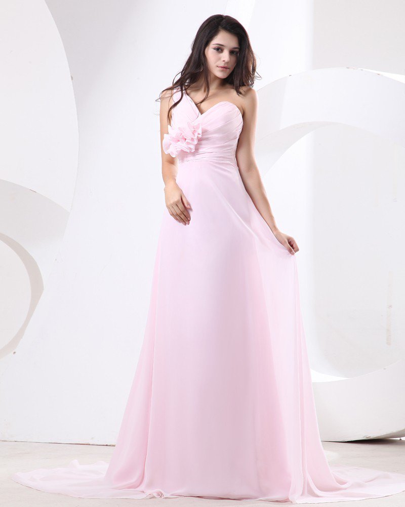 Chiffon One Shoulder Drape Handmade Flower Floor Length Bridesmaid Dresses