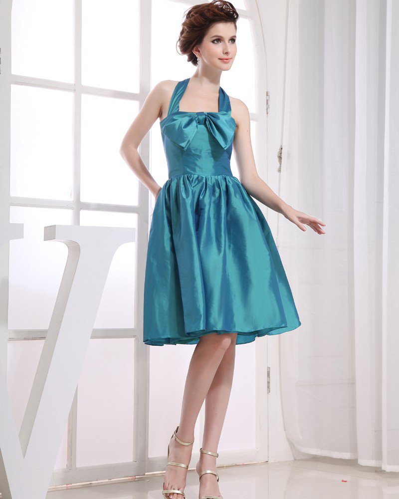 Halter Neckline Sleeveless Knee Length Bowknot Taffeta Empire Bridesmaid Dresses