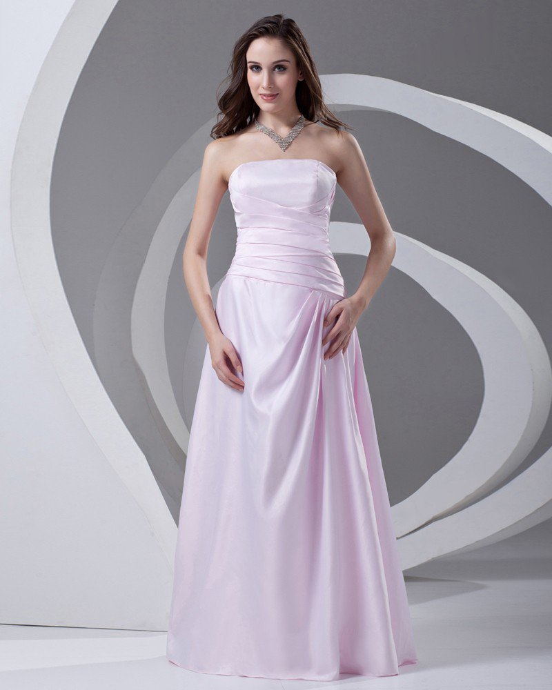 Strapless Floor Length Pleated Satin Woman Bridesmaid Dress