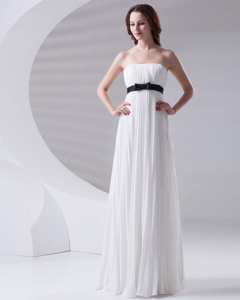 Slim Ruffle Design with Belt Decoration Strapless Floor Length Chiffon Bridesmaid Dress
