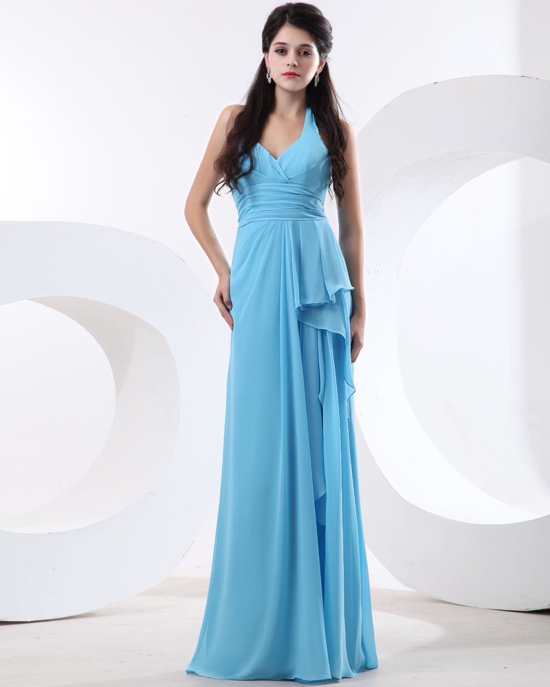 Chiffon Ruffles Sleeveless Halter Floor Length Bridesmaid Dresses
