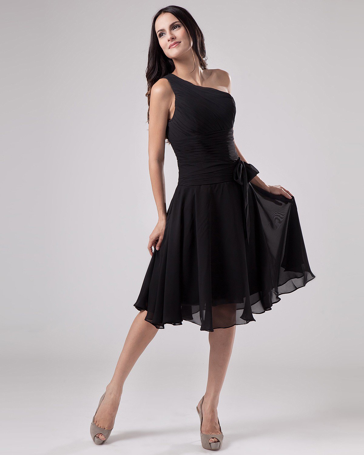 A-Line One Shoulder Knee-Length Satin Chiffon Bridesmaid Dress