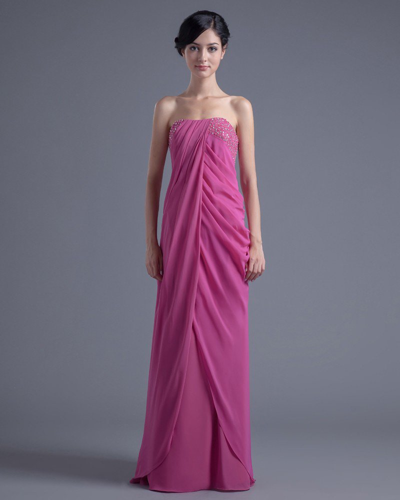 Elegant Strapless Floor Length Beading Pleated Chiffon Bridesmaid Dress