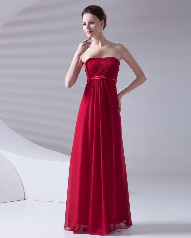 Slim Ruffle Design Strapless Floor Length Chiffon Bridesmaid Dress