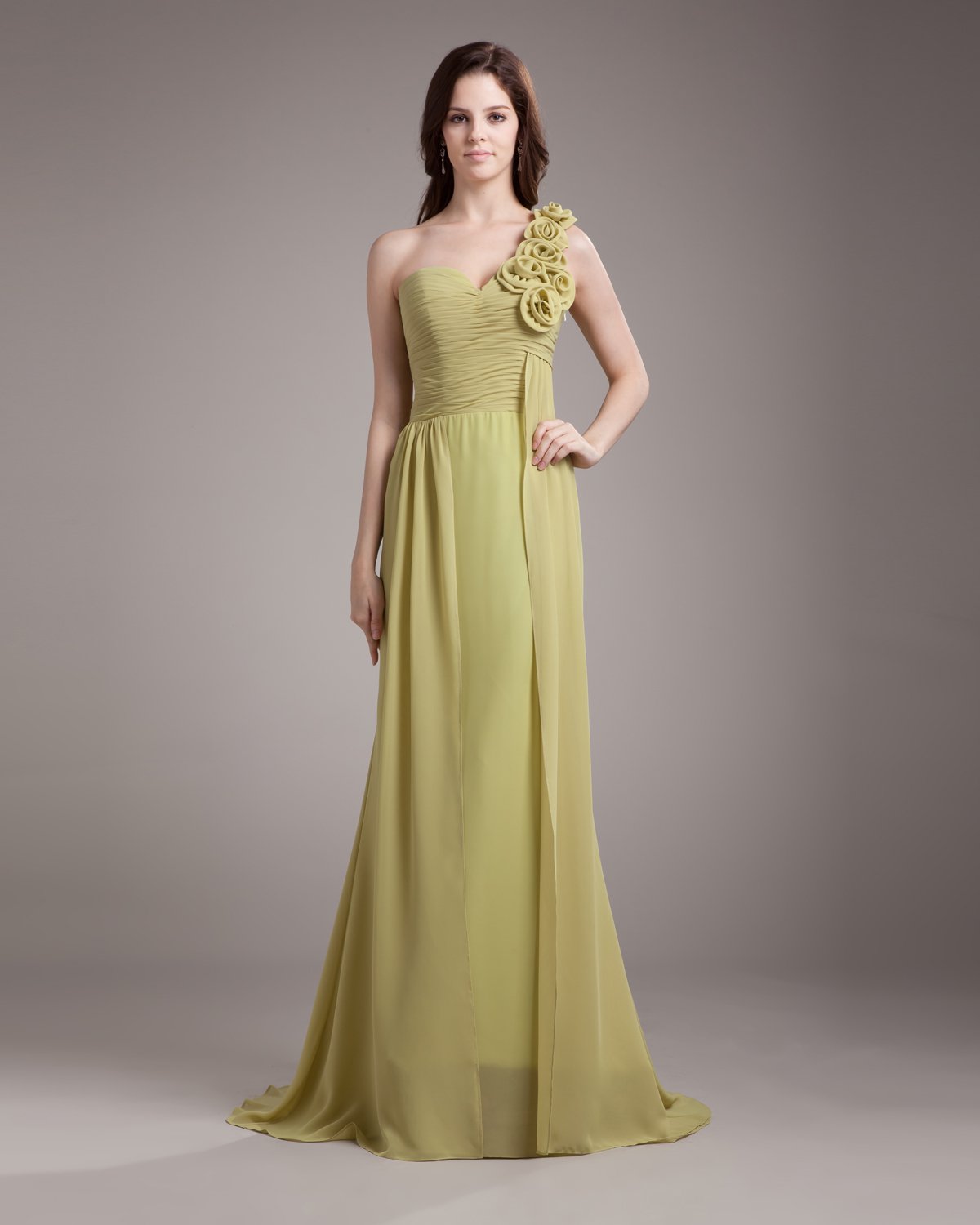 One Shoulder Flower Pleated Floor Length Chiffon Woman Bridesmaid Dress