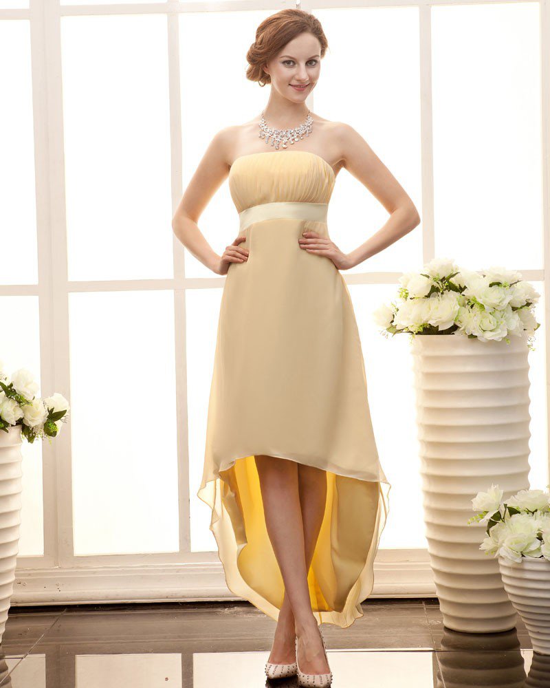 Stylish Strapless Waistband Ankle Length Sateen Chiffon Bridesmaid Dress