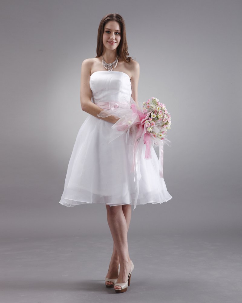 Charming Satin Sash Knee Length Strapless Bridesmaid Dress